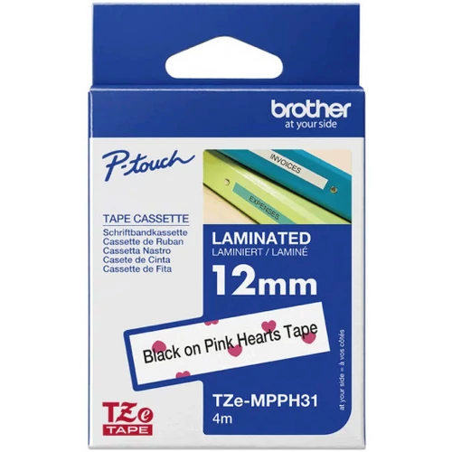 BROTHER szalag TZe-MPPH31, Pink szív mintás alapon Fekete, Laminált, 12mm  0.47", 4 méter Brother
