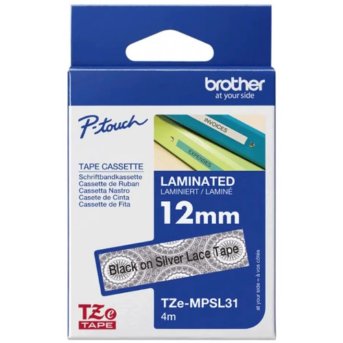 BROTHER szalag TZe-MPSL31, Ezüst mintás alapon Fekete, Laminált, 12mm  0.47", 4 méter Brother