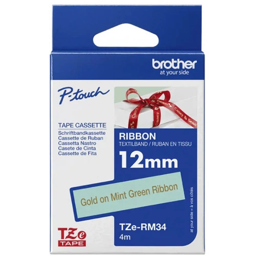 Brother textil szalag TZE-RM34, Mentazöld alapon arany, 12mm, 4m Brother