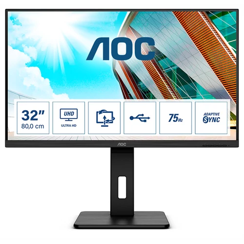 AOC VA monitor 31,5" U32P2, 2560x1440, 16:9, 350cd / m2, 4ms, 75Hz, 2xHDMI / DP / 4xUSB, hangszóró, Pivot, AdaptiveSync