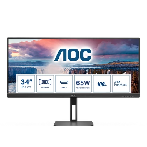 AOC VA monitor U34V5C / BK, 3440x1440, 21:9, 300cd / m2, 1ms, HDMI / DisplayPort / USB-C / 4xUSB, hangszóró AOC