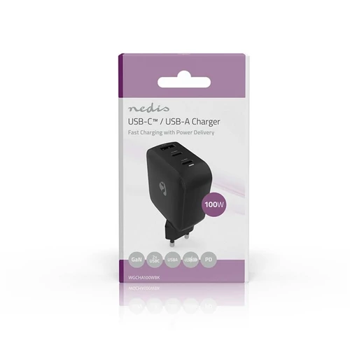 Nedis WGCHA100WBK töltő 100 W, GaN, PD3.0, QC 2,5 / 3,0 / 5,0 A, Kimenetek száma: 3, USB-A / 2x USB-C, fekete NEDIS