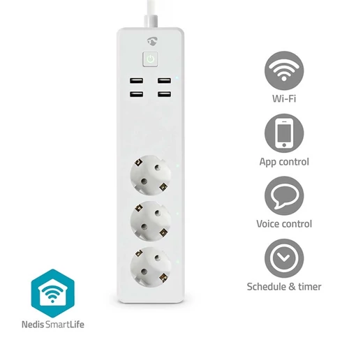 Nedis WIFIP312FWT, WIFI okos elosztó, 3x 230V földelt aljzat / 4x USB aljzat, 16A, 3680W, túlfeszültség védelemmel NEDIS