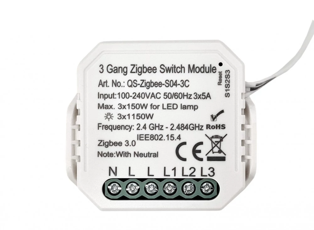 SMARTZILLA Tuya Zigbee kapcsoló mögé rejthető 3 csatornás kapcsoló okosító (N)