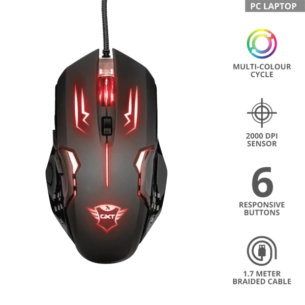 TRUST Gamer Vezetékes világító egér 22090, GXT 108 Rava Illuminated Gaming Mouse