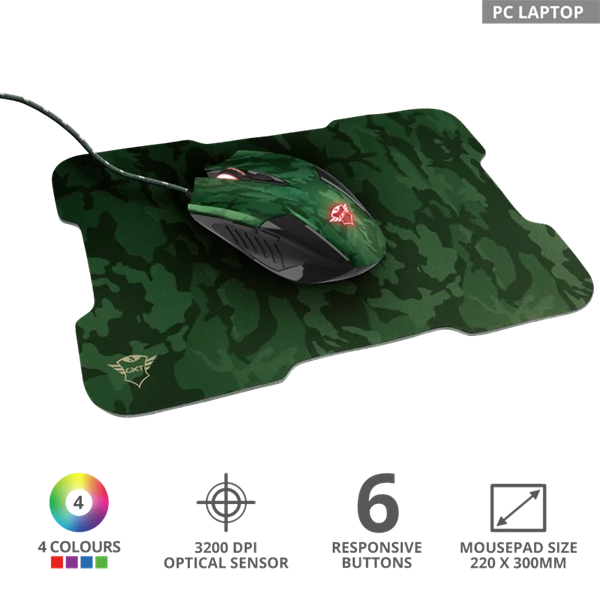 TRUST Gamer Vezetékes Terepmintás egér és egéralátét 23611, GXT 781 Rixa Camo Gaming Mouse & Mouse Pad