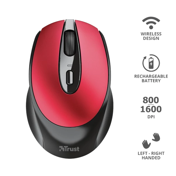 TRUST Vezeték nélküli tölthető egér 24019, Zaya Rechargeable Wireless Mouse - red