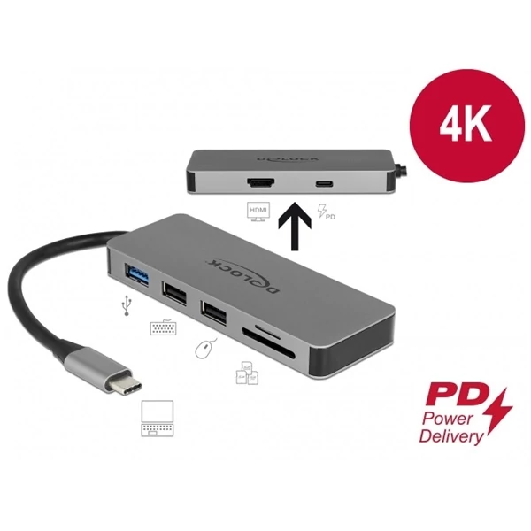 DELOCK USB Type-C docking station 4K HDMI, Hub, SD kártyaolvasó, PD 2.0