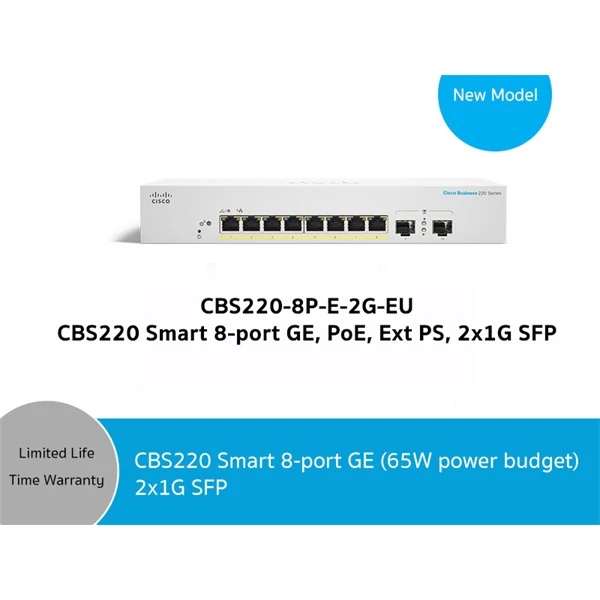 CISCO Switch 8x1000Mbps (POE) + 2x1000Mbps SFP, Menedzselhető, Fémházas, Rackes - CBS220-8P-E-2G-EU CISCO