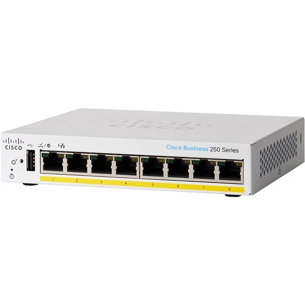 CISCO Switch 8x1000Mbps (POE + ), Fémházas, Asztali, Menedzselhető - CBS250-8PP-D-EU