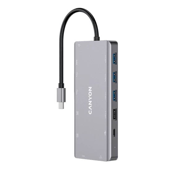 CANYON HUB 13-in-1, USB-C, 3xUSB3.0, 1xUSB2.0, 2xHDMI, VGA, Ethernet, Audio, SD / microSD, szürke - CNS-TDS12