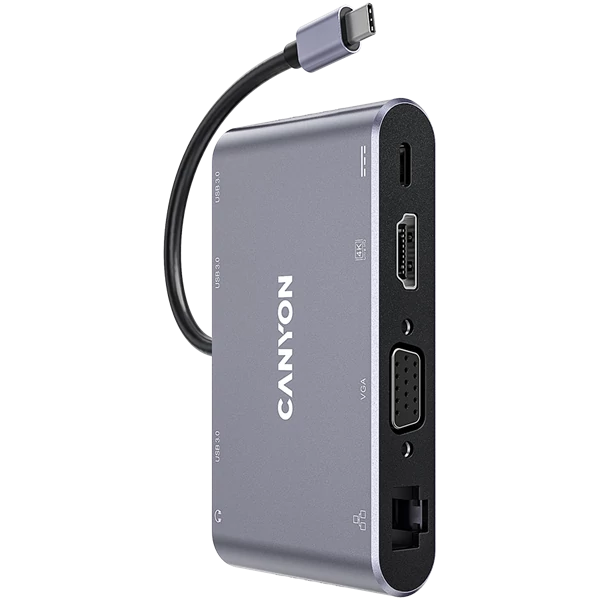 CANYON HUB 8-in-1, USB-C, 3xUSB3.0, 1xUSB-C, HDMI, VGA, Ethernet, Audio, szürke - CNS-TDS14