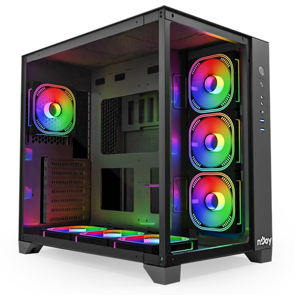 NJOY Ház Midi ATX AURA Tápegység nélkül, USB2.0 + 3.0, Fekete RGB nJoy