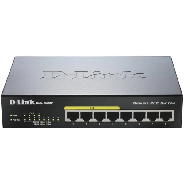 D-LINK Switch 8x1000Mbps (4xPOE) Menedzselhető Fémházas Asztali, DGS-1008P / E