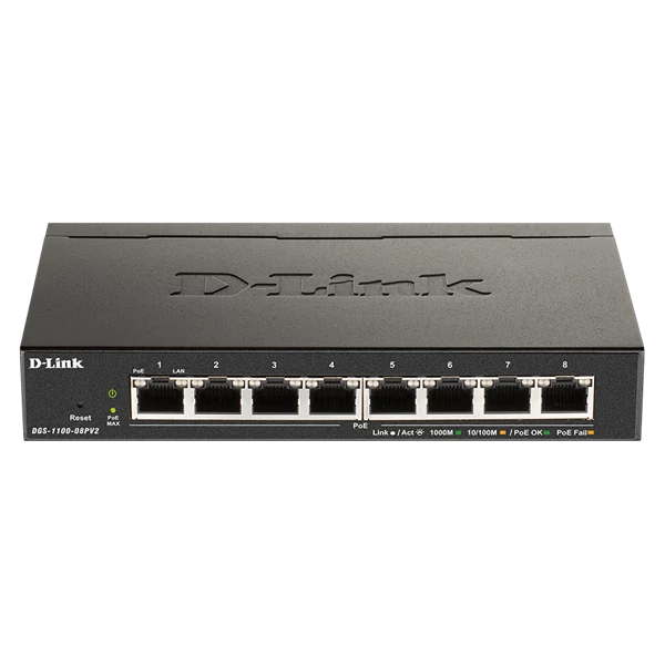 D-LINK Switch 8x1000Mbps (8xPOE) Fémházas Asztali Menedzselhető, DGS-1100-08PV2