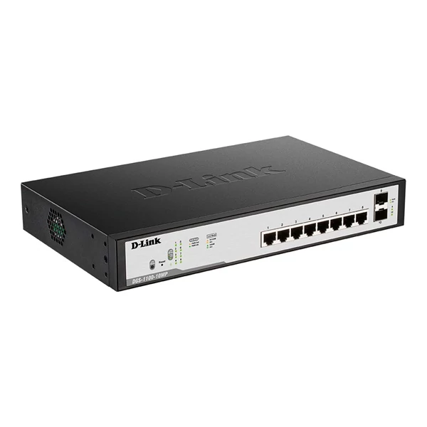 D-LINK Switch 8x1000Mbps (8xPOE) + 2xGigabit SFP Fémházas Asztali Menedzselhető, DGS-1100-10MPV2