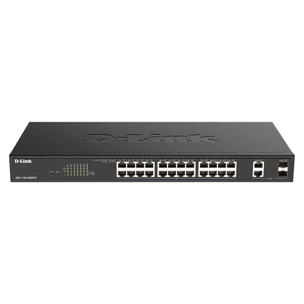 D-LINK Switch 24x1000Mbps (24xPOE) + 2xGigabit kombó SFP Fémházas Menedzselhető Rackes, DGS-1100-26MPV2