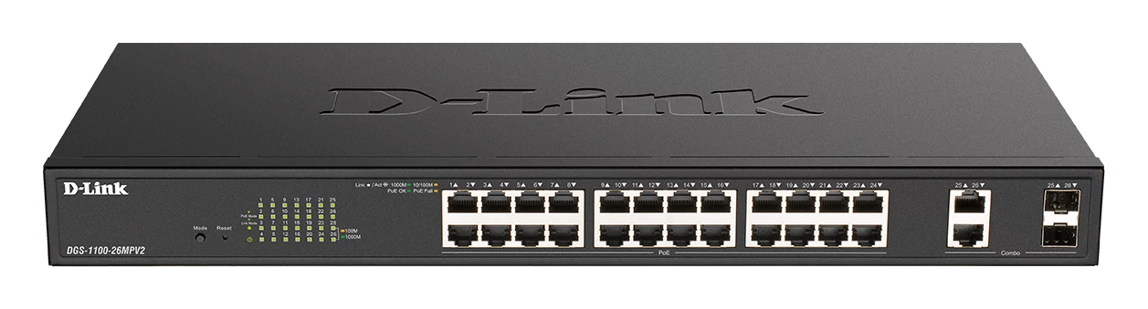 D-LINK Switch 24x1000Mbps (24xPOE) + 2xGigabit kombó SFP Fémházas Menedzselhető Rackes, DGS-1100-26MPV2 / E D-Link