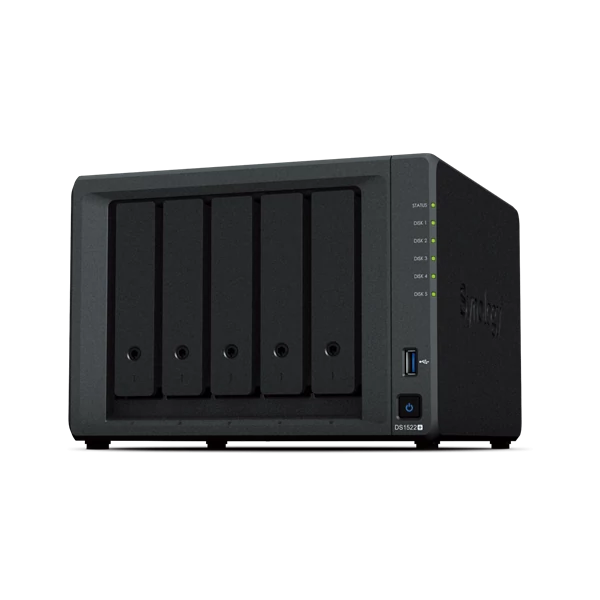 SYNOLOGY NAS 5 Fiókos AMD Ryzen R1600 2x2,6GHz, 8GB DDR4, 4x1GbE, 2xUSB3.2 - DS1522+