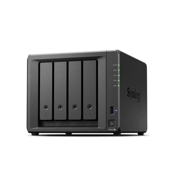 SYNOLOGY NAS 4 Fiókos AMD Ryzen R1600 2x2,6GHz, 4GB DDR4 ECC, 2x1GbE, 2xUSB3.2 - DS923+