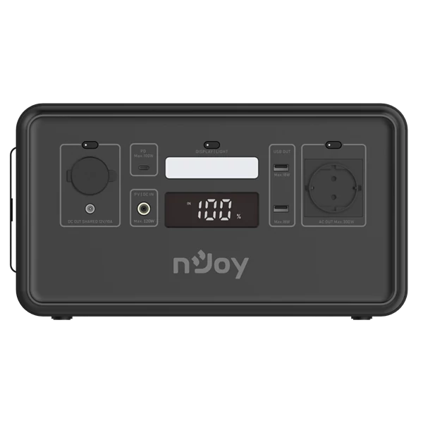 NJOY Hordozható Akkumulátor, Power Base 300, 296Wh, 2xUSB + 1xUSB-C + 1xSchuko + 1xDC port + 1xCar port, Fekete nJoy