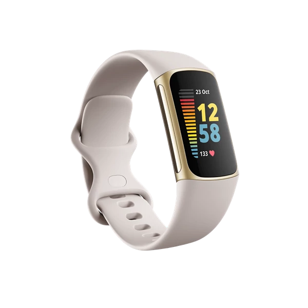 FITBIT Charge 5 Aktivitásmérő fitnesz karkötő (Lunar White / Soft Gold Stainless Steel) FITBIT