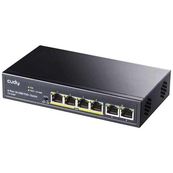 CUDY Switch 6x100Mbps (4xPOE + ) + 2x100Mbps Uplink, Fémházas, Asztali, FS1006P