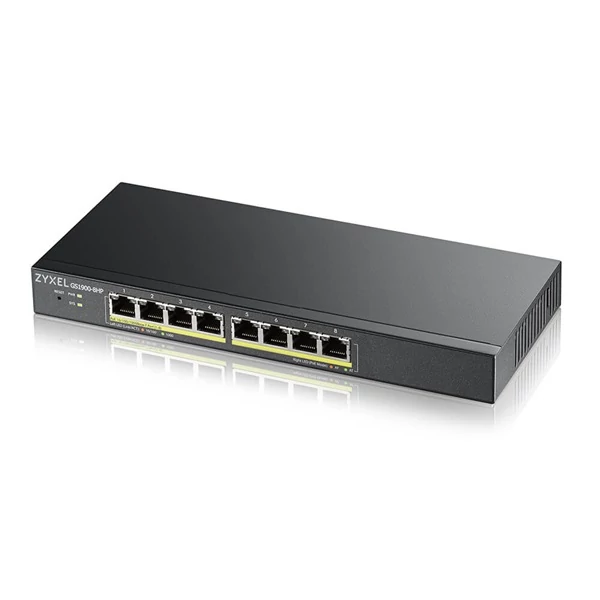 ZYXEL Switch 8x1000Mbps (8xPOE), Fémházas, Menedzselhető (8GbE POE port), GS1900-8HP-EU0102F