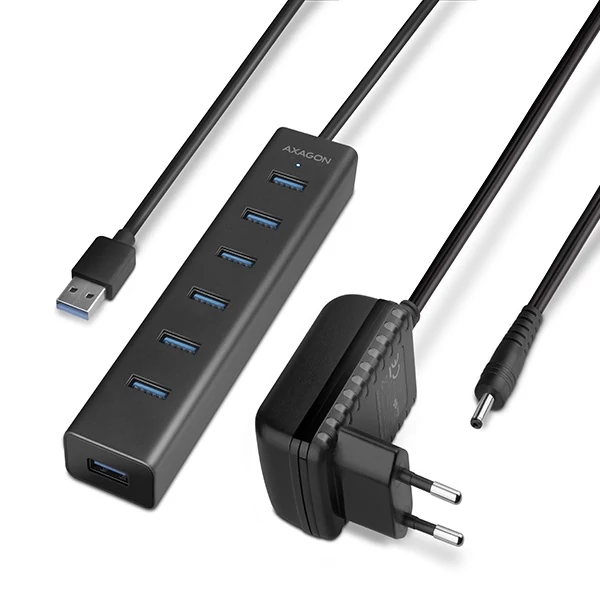 AXAGON HUE-SA7BP USB3.0 CHARGING HUB (Hétportos USB 3.0 hub gyors töltési támogatással. AC adapter a csomagban. Fekete) Axagon