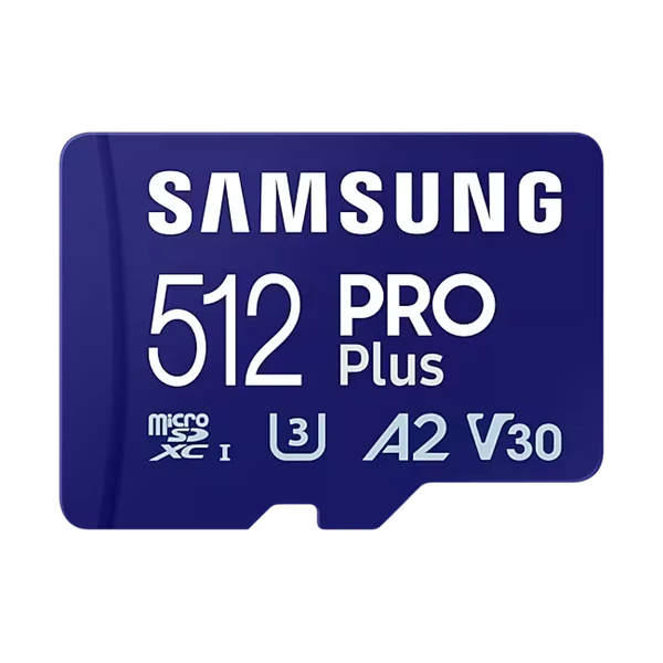 SAMSUNG Memóriakártya, PRO Plus microSDXC kártya 512GB, CLASS 10, UHS-I, U3, V30, A2, + Adapter, R180 / W130 SMG