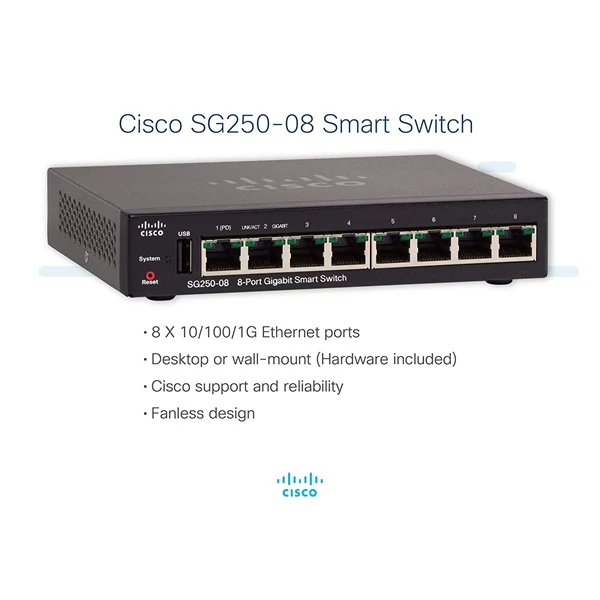 CISCO Switch 8x1000Mbps (POE+ Input) + 1xUSB, Fémházas, Asztali, Menedzselhető - SG250-08-K9-EU