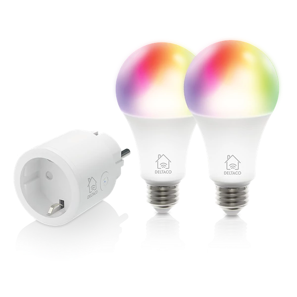 DELTACO SMART HOME SH-KIT01 kezdő okos csomag 2 db LE27RGB színes izzó + SH-P01 okos dugalj 10A, időkapcsoló