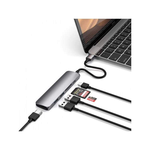 Satechi Type-C Slim Multimedia Adapter V2, 2xUSB / HDMI / MicroSD / USB-C(PD60W) - Space Grey