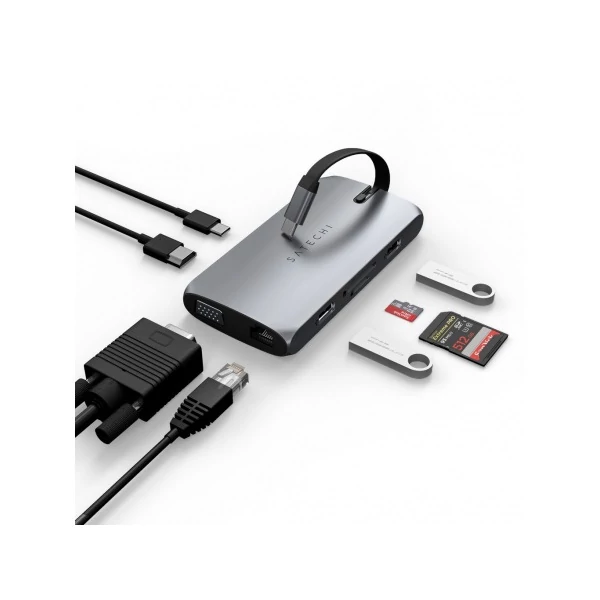 Satechi USB-C On the go adapter (1xUSB-C PD, 1x G.Ethernet,1x 4K HDMI,1x VGA,1x USB-A,1x USB-C, micro / SD) - Space Grey