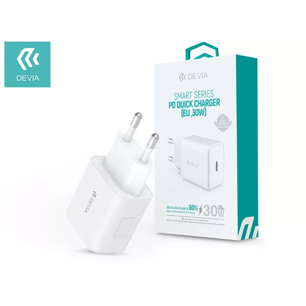 DEVIA HÁLÓZATI TÖLTŐ ADAPTER TYPE-C BEMENETTEL - 30W - SMART SERIES PD3.0 QUICK CHARGER - WHITE DEVIA