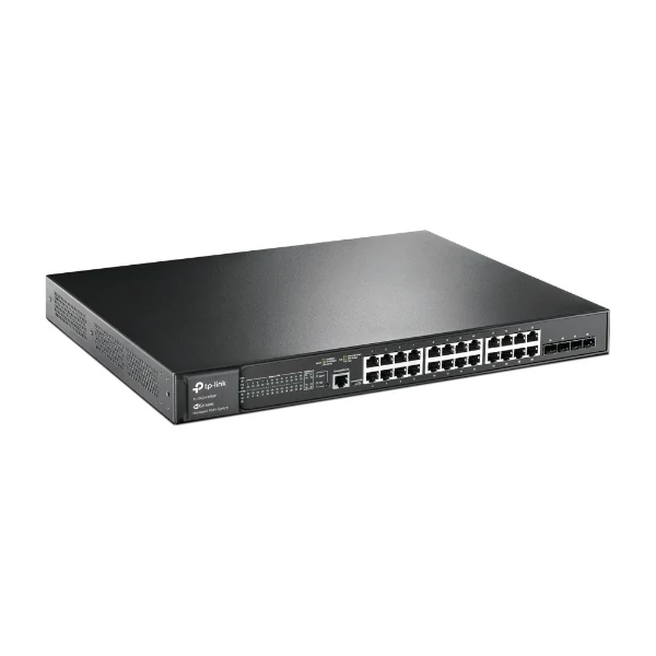 TP-LINK Switch 24x1000Mbps (24xPOE + ) + 4x1Gigabit SFP+ + 2xkonzol port, Menedzselhető, TL-SG3428MP