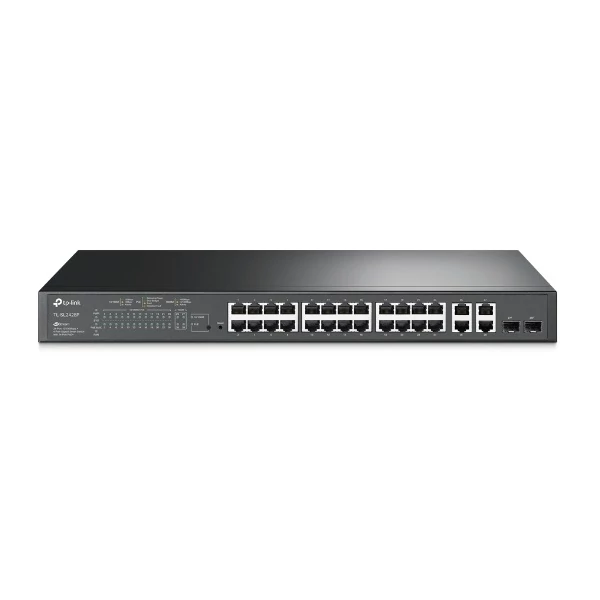 TP-LINK Switch 24x100Mbps (24xPOE) + 4x1000Mbps + 2xGigabit SFP, Menedzselhető, TL-SL2428P