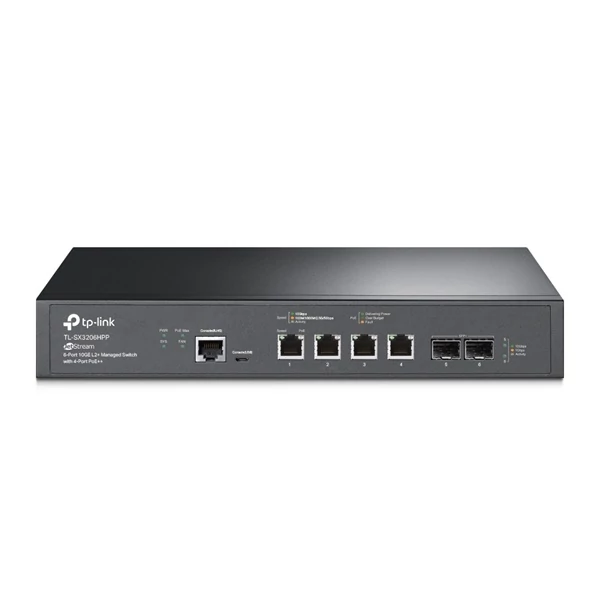 TP-LINK Switch 4x10Gbps(POE + +) + 2x10Gbps SFP+ 1xkonzol port, Menedzselhető Rackes, TL-SX3206HPP