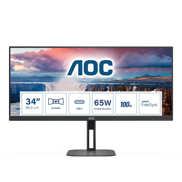 AOC VA monitor U34V5C / BK, 3440x1440, 21:9, 300cd / m2, 1ms, HDMI / DisplayPort / USB-C / 4xUSB, hangszóró AOC